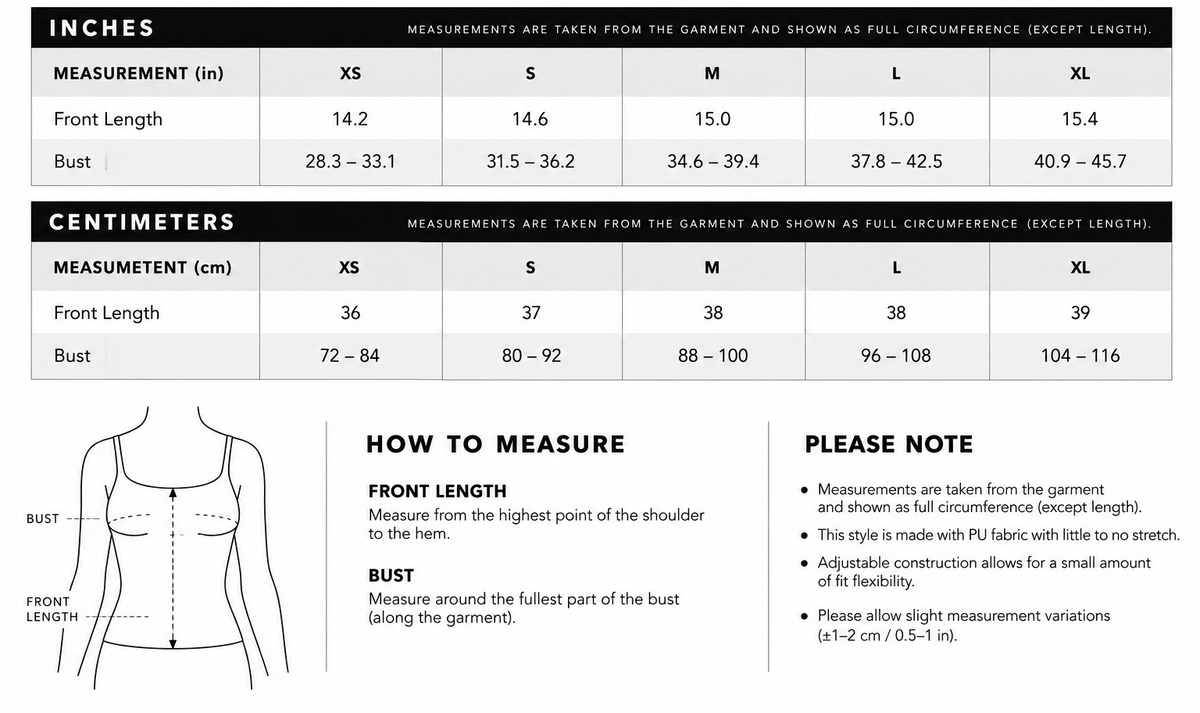 A size chart and measurement guide for garments, showing a measurement table in inches and centimeters forXS, M, andXL sizes, with front length and bust measurements. Includes a simple body outline diagram indicating where to measure.