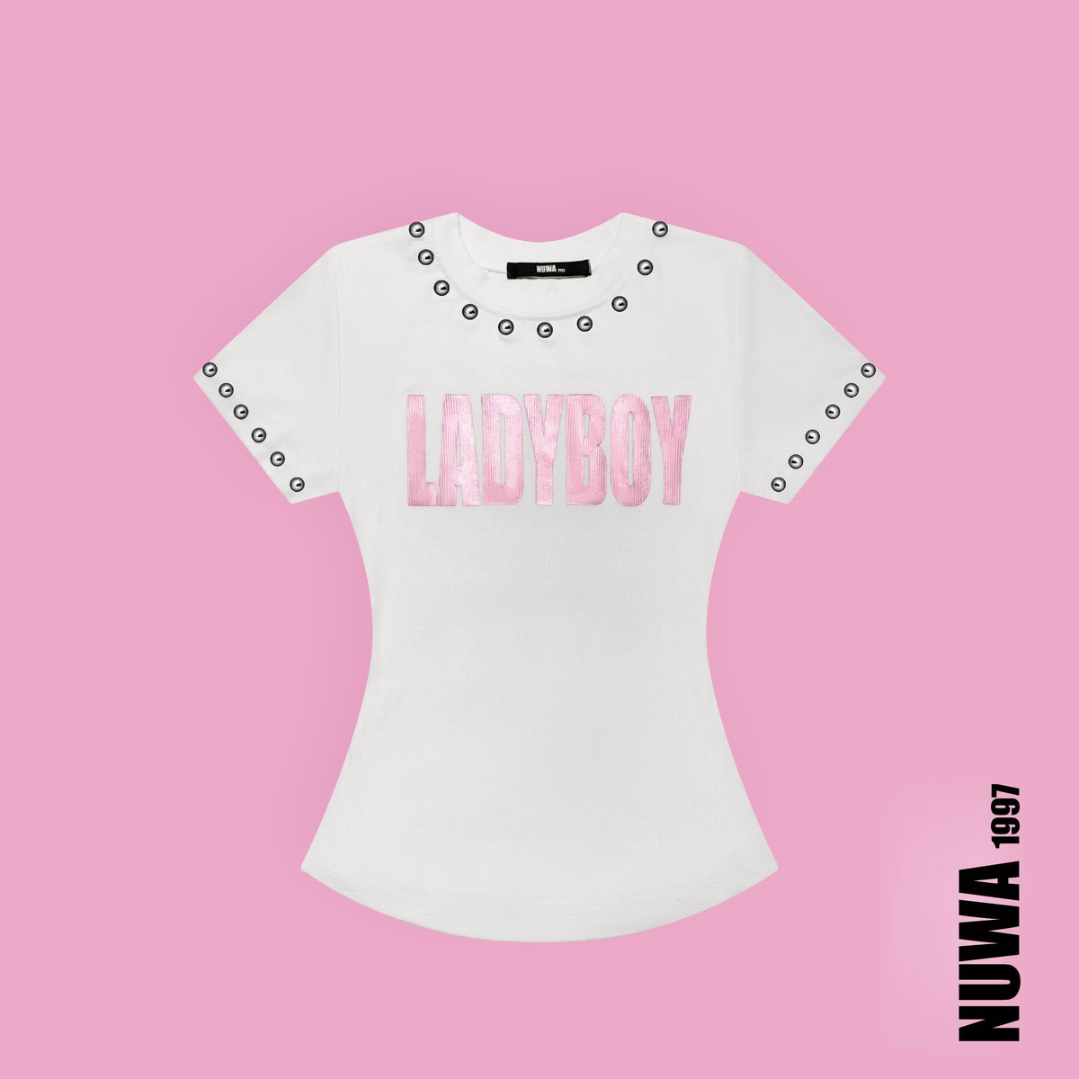 NUWA1997 “LADYBOY” baby tee top in black product view - alternate view