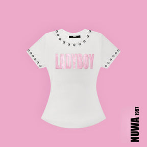 NUWA1997 “LADYBOY” baby tee top in black product view - alternate view