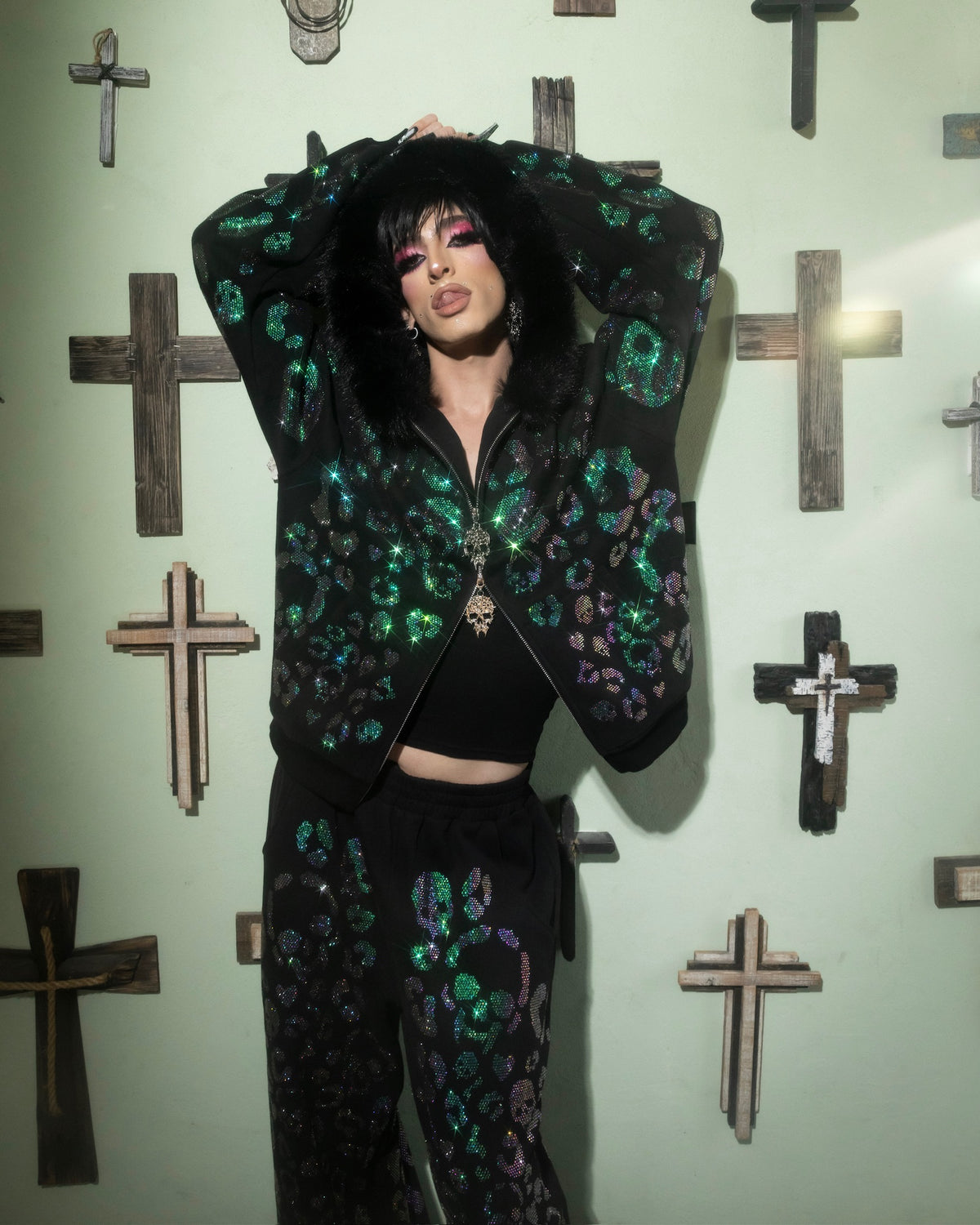 Scene Queen Rhinestone Hoodie & Pants Set on Models - alternate view