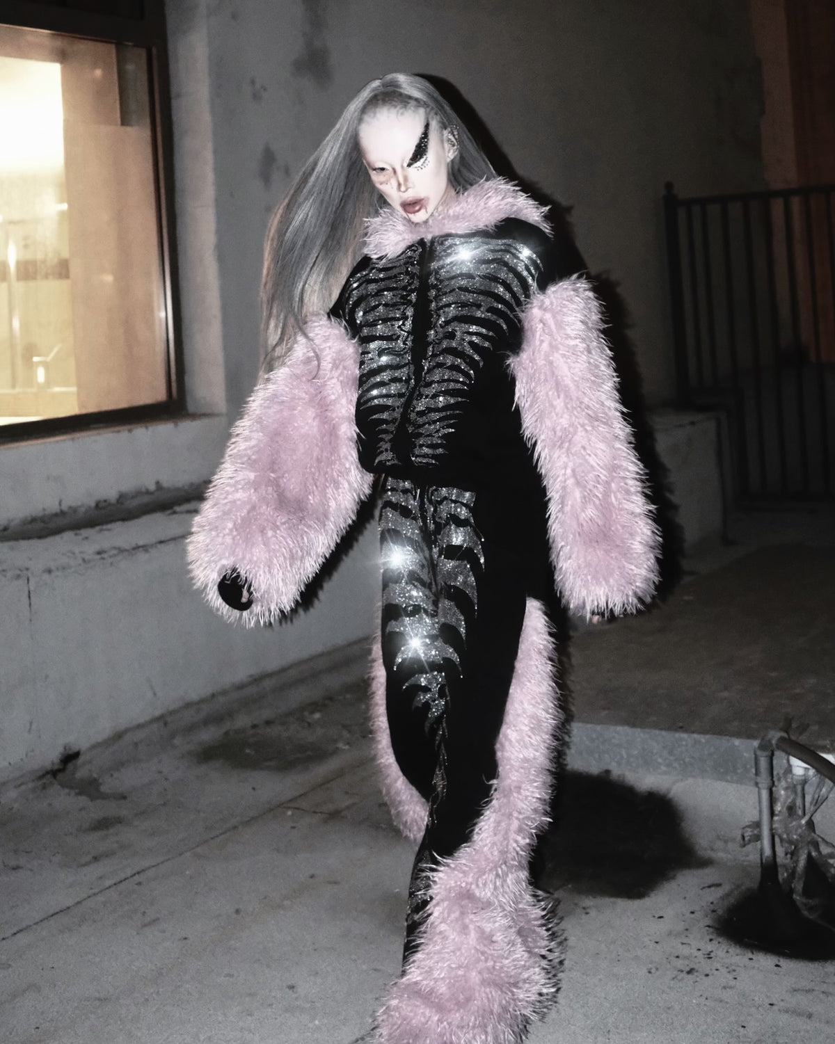 NUWA1997 Grey Matter Faux fur hoodie & pants set in all-black product view - alternate view