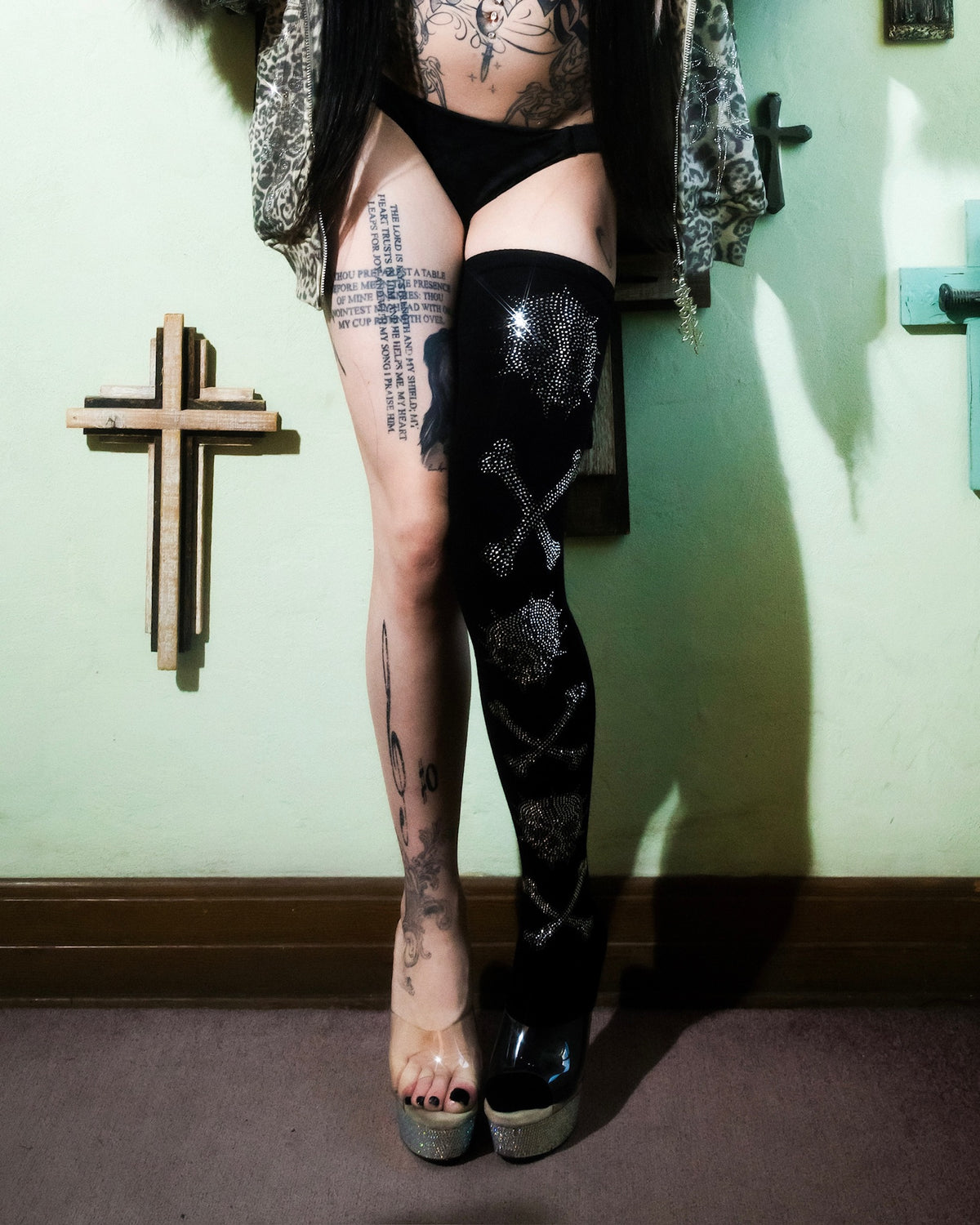 XOXO Rhinestone Thigh High Socks Product View - alternate view