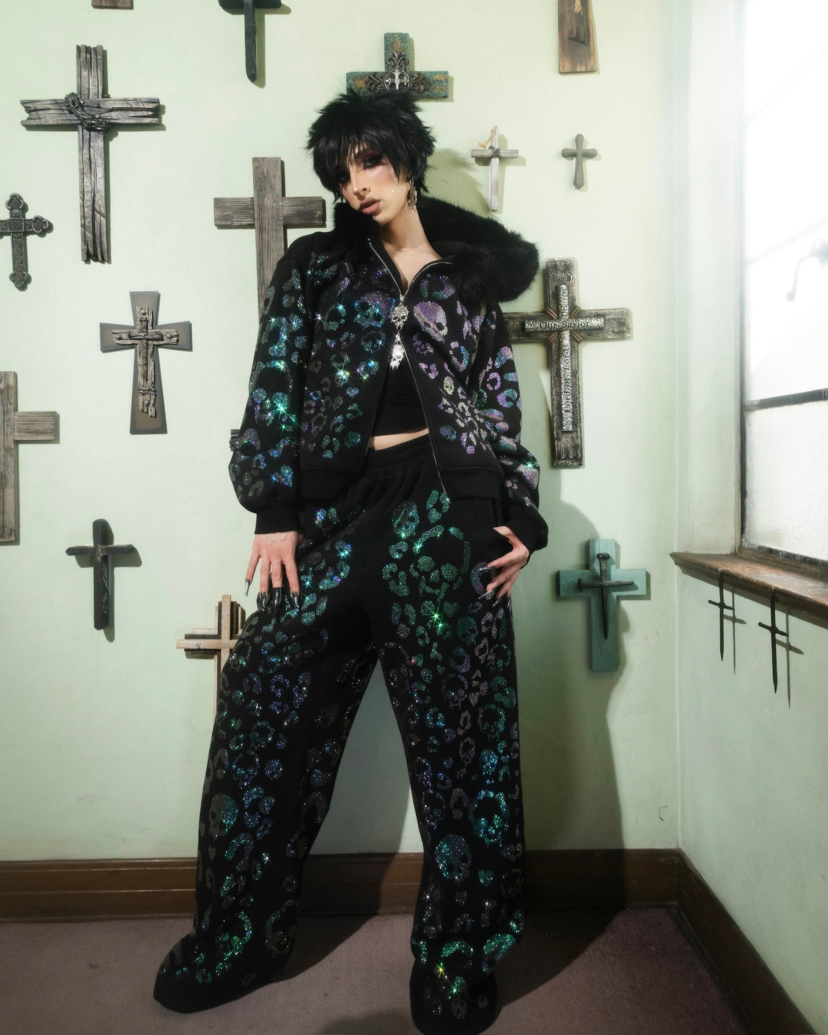 Scene Queen Rhinestone Hoodie & Pants Set on Models - alternate view