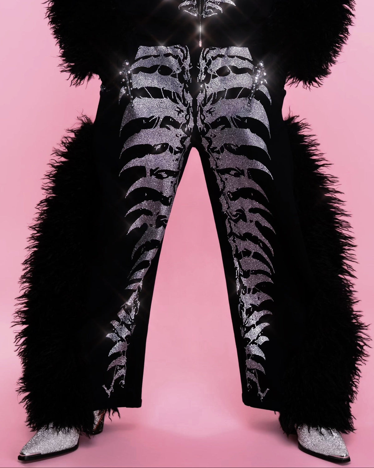 NUWA1997 Grey Matter Faux fur hoodie & pants set in all-black product view - alternate view