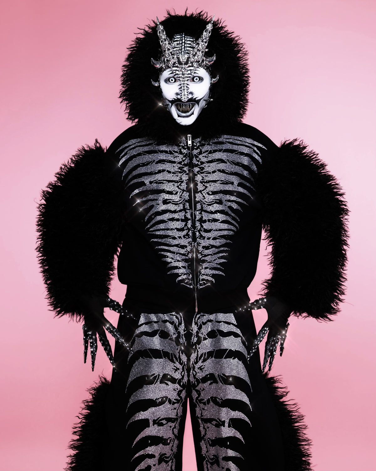 NUWA1997 Grey Matter Faux fur hoodie & pants set in all-black product view - alternate view