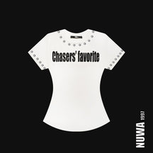 NUWA1997 “Chasers’ Favorite” Baby Tee top in black product view - alternate view