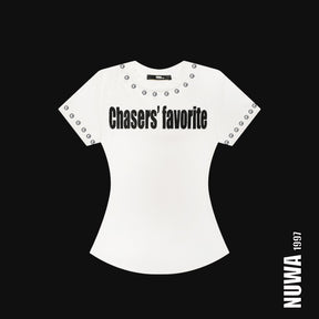 NUWA1997 “Chasers’ Favorite” Baby Tee top in black product view - alternate view