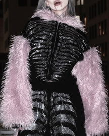 NUWA1997 Grey Matter Faux fur hoodie & pants set in all-black product view - alternate view