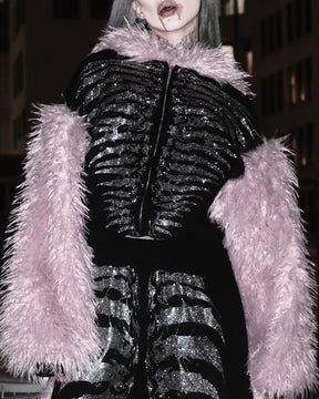NUWA1997 Grey Matter Faux fur hoodie & pants set in all-black product view - alternate view