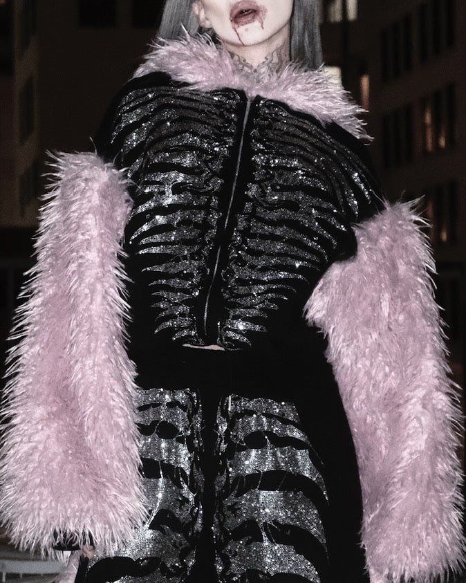 NUWA1997 Grey Matter Faux fur hoodie & pants set in all-black product view - alternate view