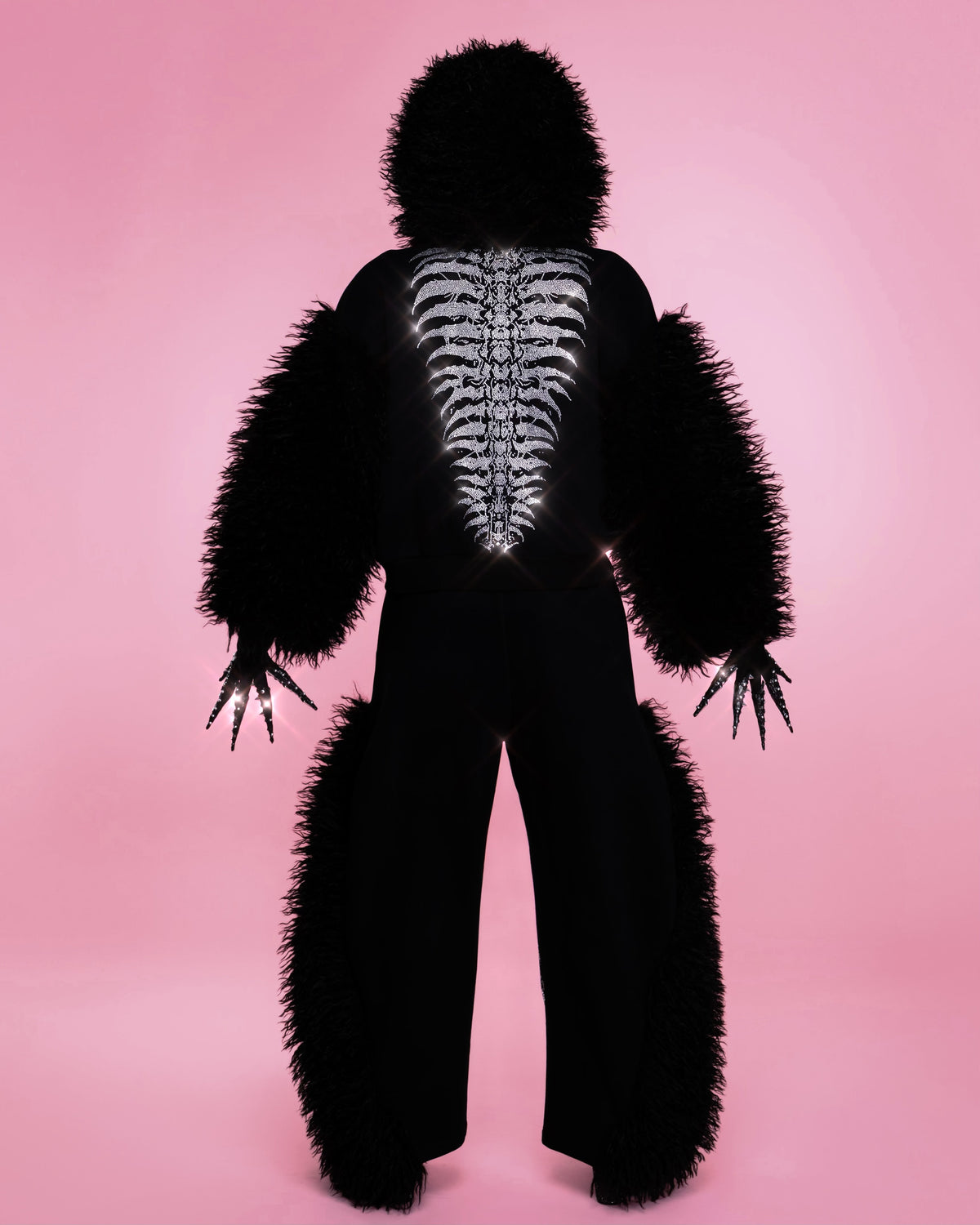 NUWA1997 Grey Matter Faux fur hoodie & pants set in all-black product view - alternate view