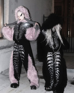 NUWA1997 Grey Matter Faux fur hoodie & pants set in all-black product view - alternate view