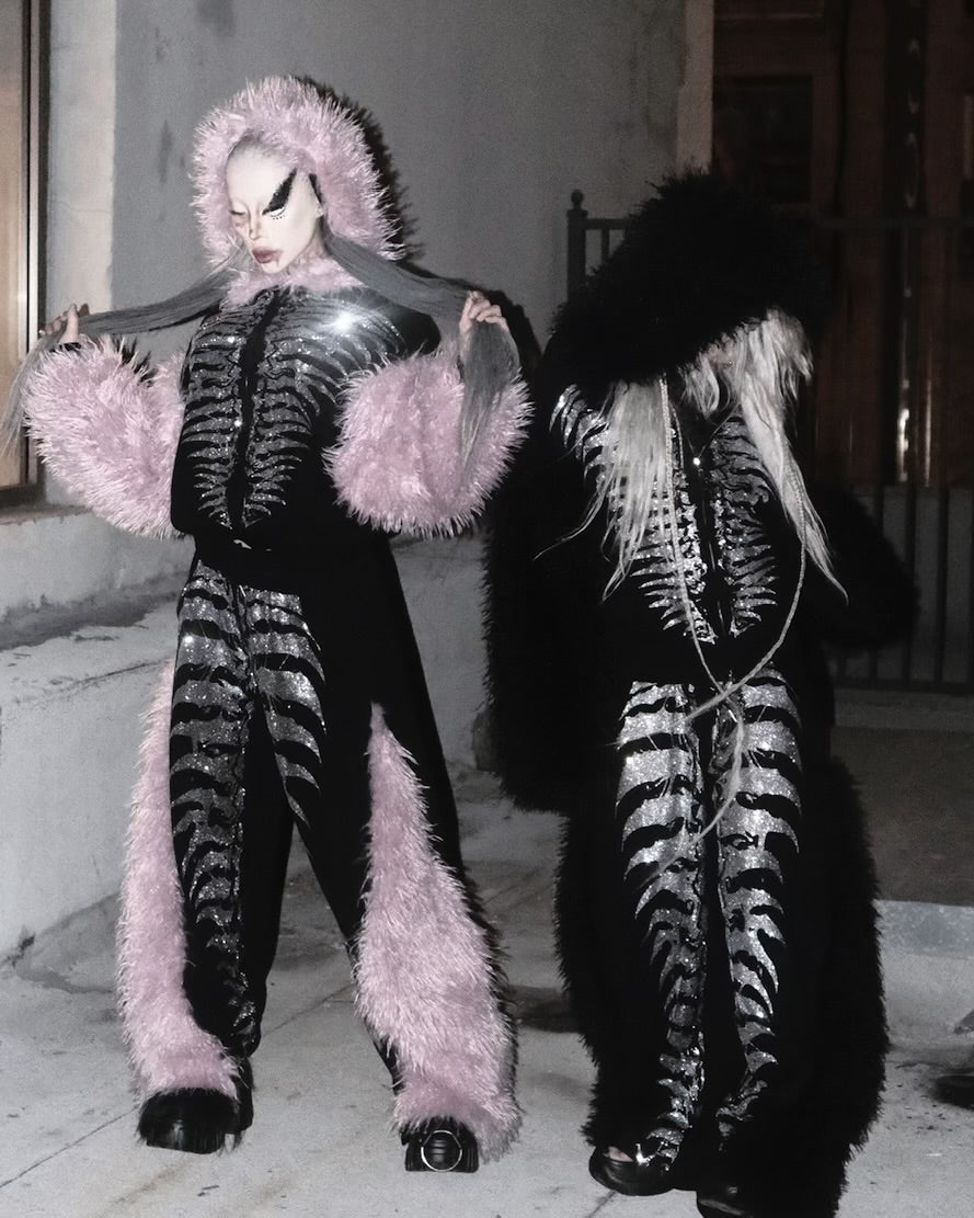 NUWA1997 Grey Matter Faux fur hoodie & pants set in all-black product view - alternate view