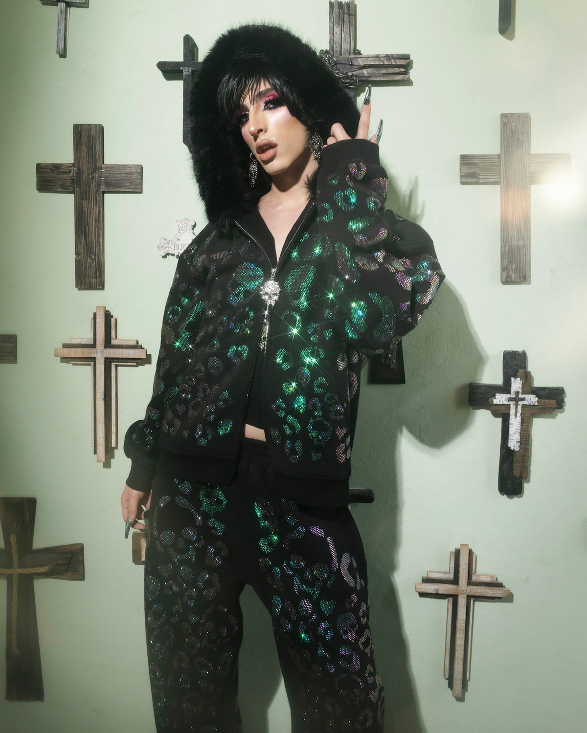 Scene Queen Rhinestone Hoodie & Pants Set on Models - alternate view