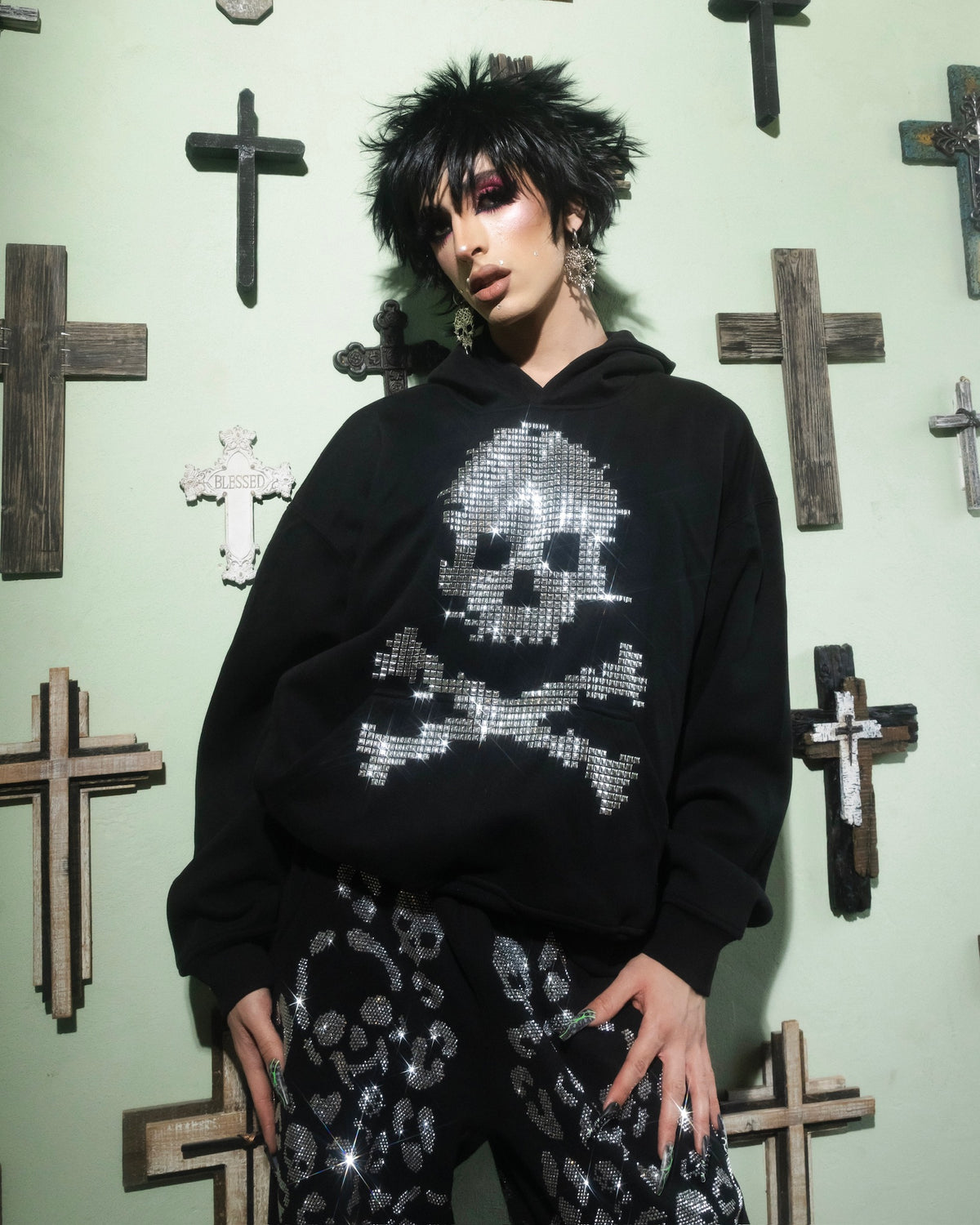 Digi Skull Rhinestone Hoodie Product View - alternate view