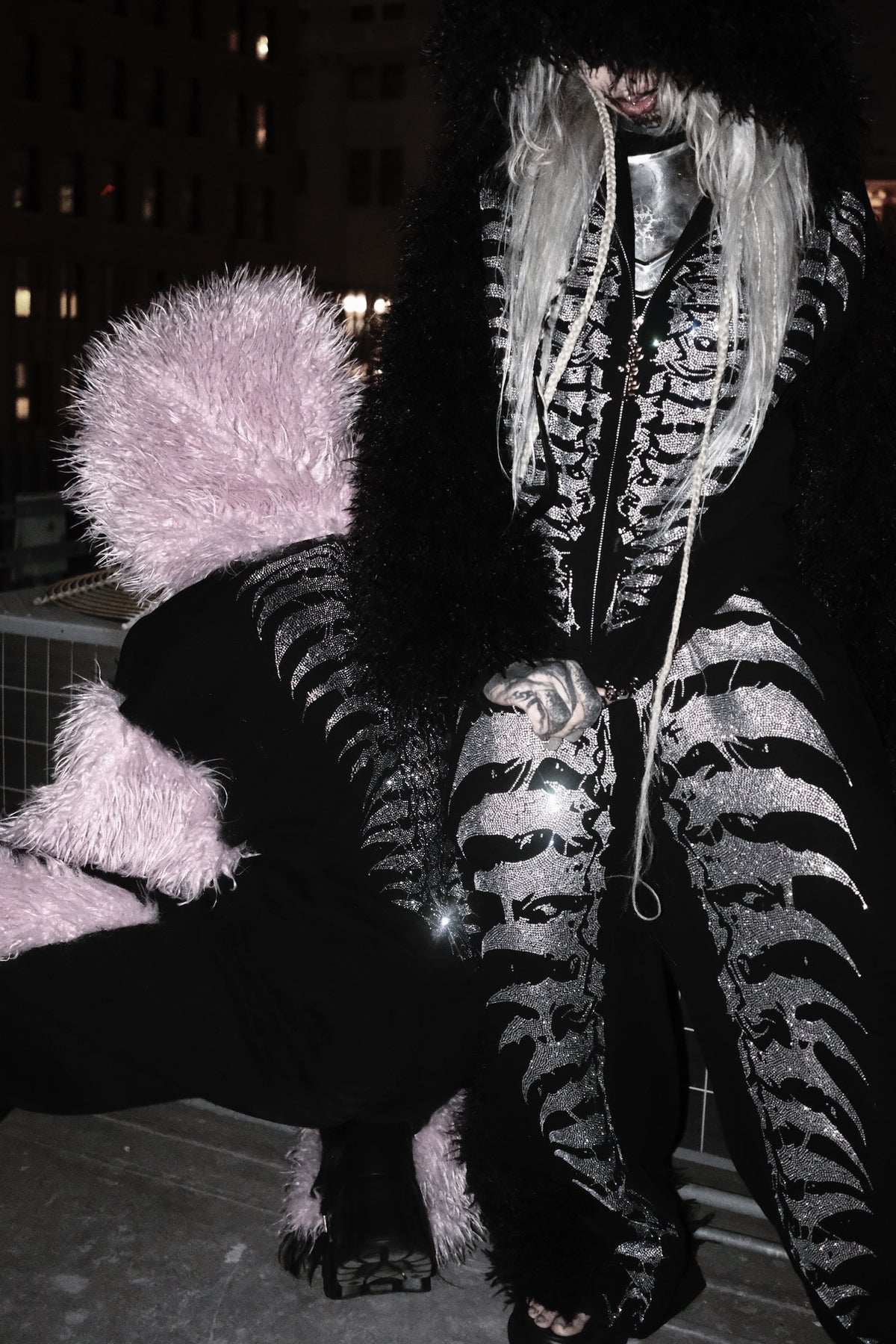 NUWA1997 Grey Matter Faux fur hoodie & pants set in all-black product view - alternate view