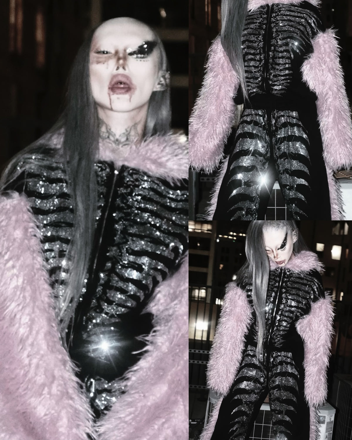 NUWA1997 Grey Matter Faux fur hoodie & pants set in all-black product view - alternate view