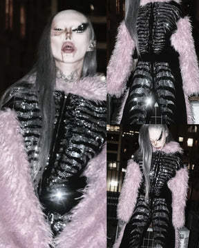 NUWA1997 Grey Matter Faux fur hoodie & pants set in all-black product view - alternate view