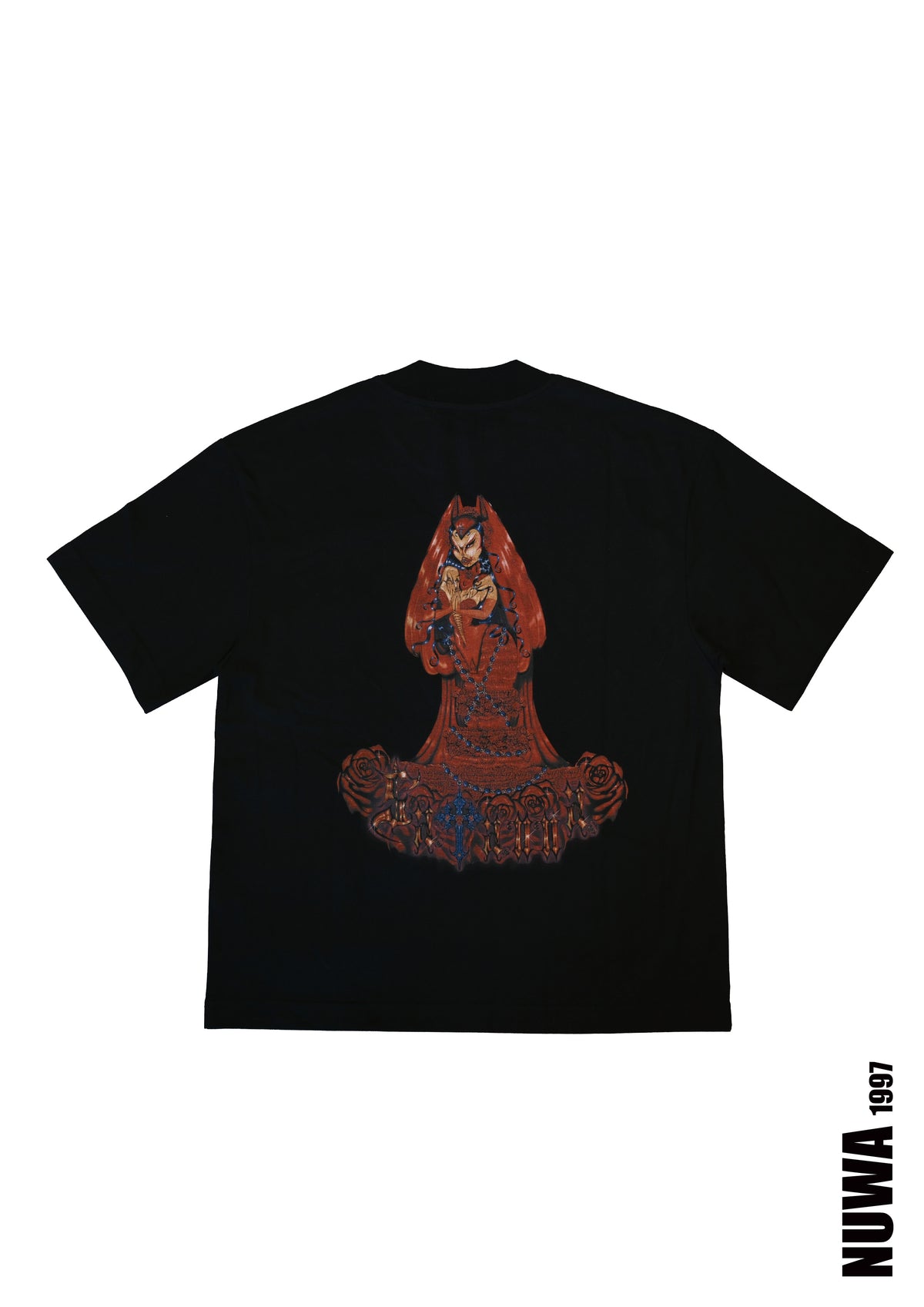 Black oversized graphic tee featuring a red gothic devil print