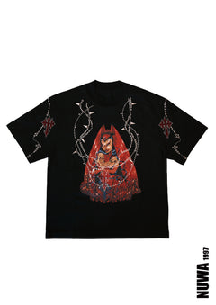 Black oversized graphic tee featuring a red gothic devil print, rhinestone cross details, and silver studded embellishments on the front.