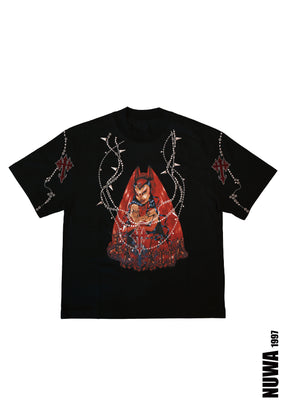 Black oversized graphic tee featuring a red gothic devil print, rhinestone cross details, and silver studded embellishments on the front.