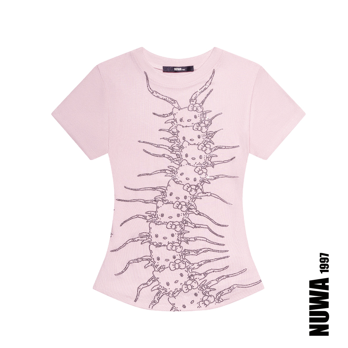 NUWA1997 Arachnio Rhinestoned Baby Tee top in black-centipede product view - alternate view