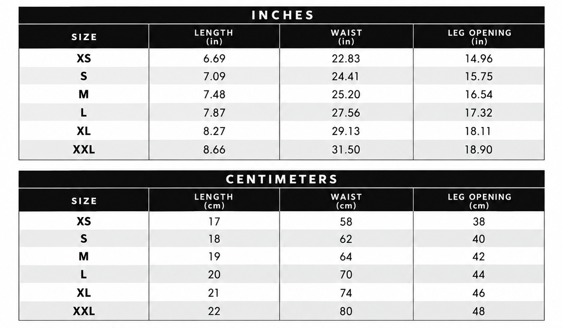 mini shorts size chart