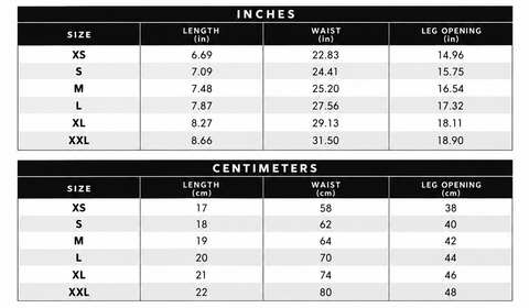 mini shorts size chart