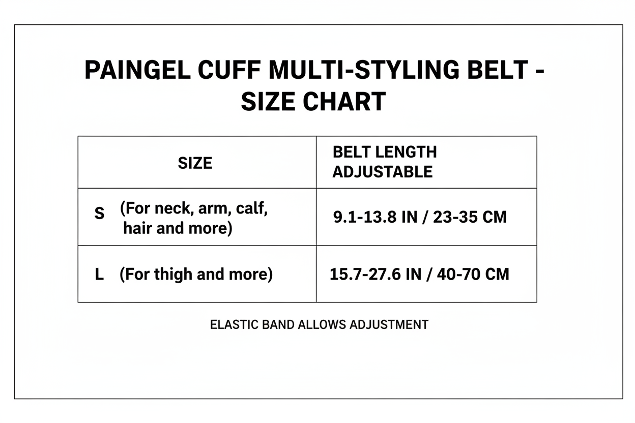 A size chart table for a 'PAINGEL CUFF MULTI-STYLING BELT - SIZE CHART' showing belt length options for sizes S and L in inches and centimeters.