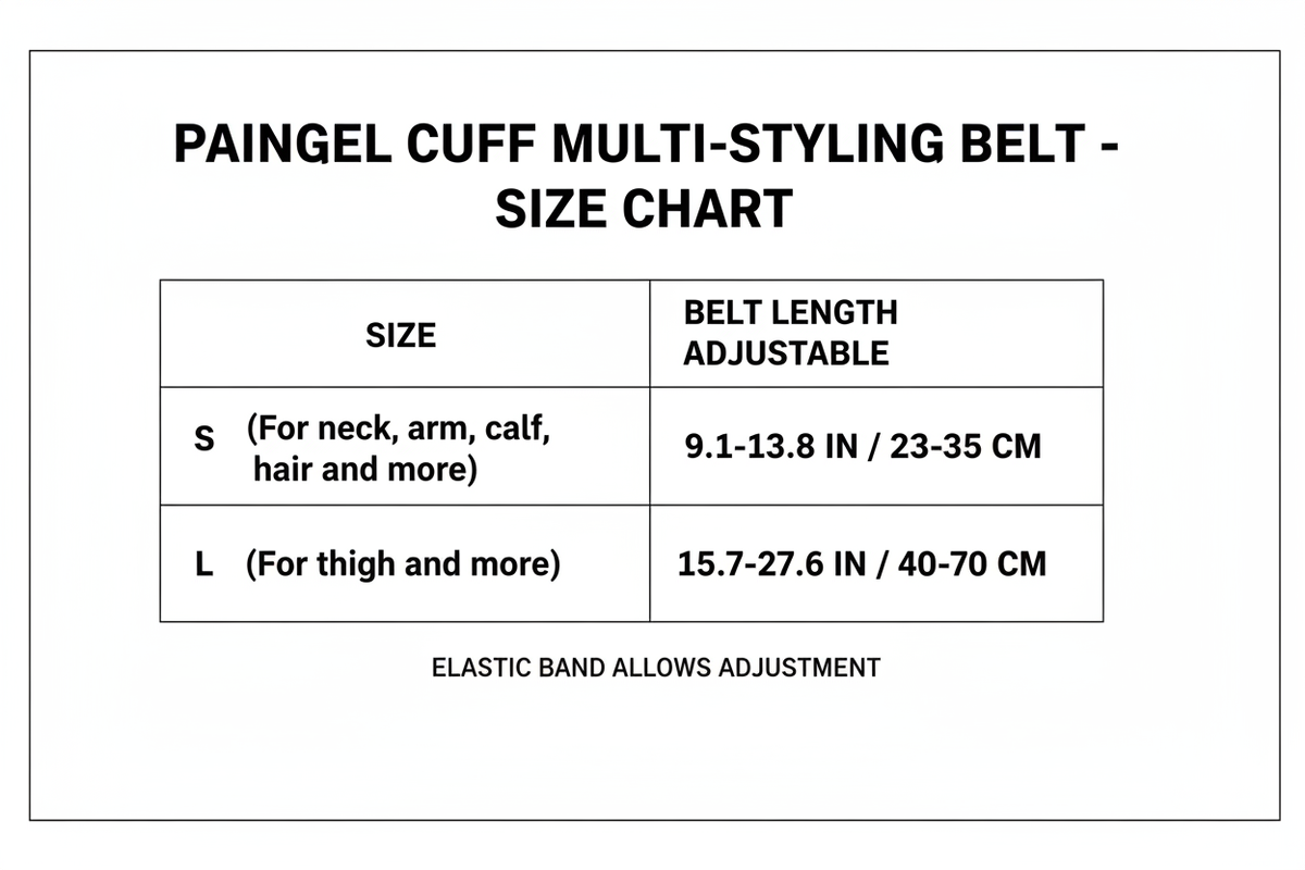 A size chart table for a 'PAINGEL CUFF MULTI-STYLING BELT - SIZE CHART' showing belt length options for sizes S and L in inches and centimeters.