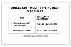 A size chart table for a 'PAINGEL CUFF MULTI-STYLING BELT - SIZE CHART' showing belt length options for sizes S and L in inches and centimeters.