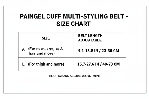 A size chart table for a 'PAINGEL CUFF MULTI-STYLING BELT - SIZE CHART' showing belt length options for sizes S and L in inches and centimeters.