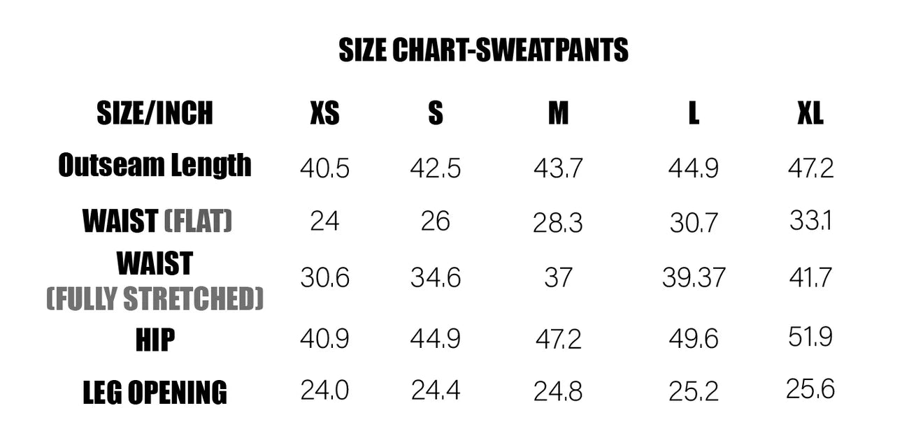 sweatpants size chart