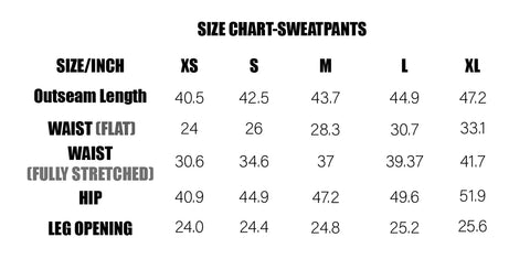 sweatpants size chart